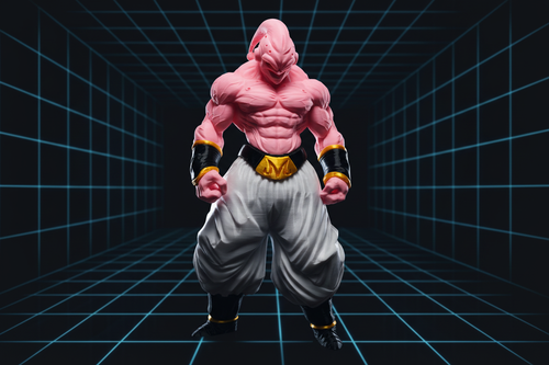 Pink Titan Warrior 3D printed figurine with dark technical background