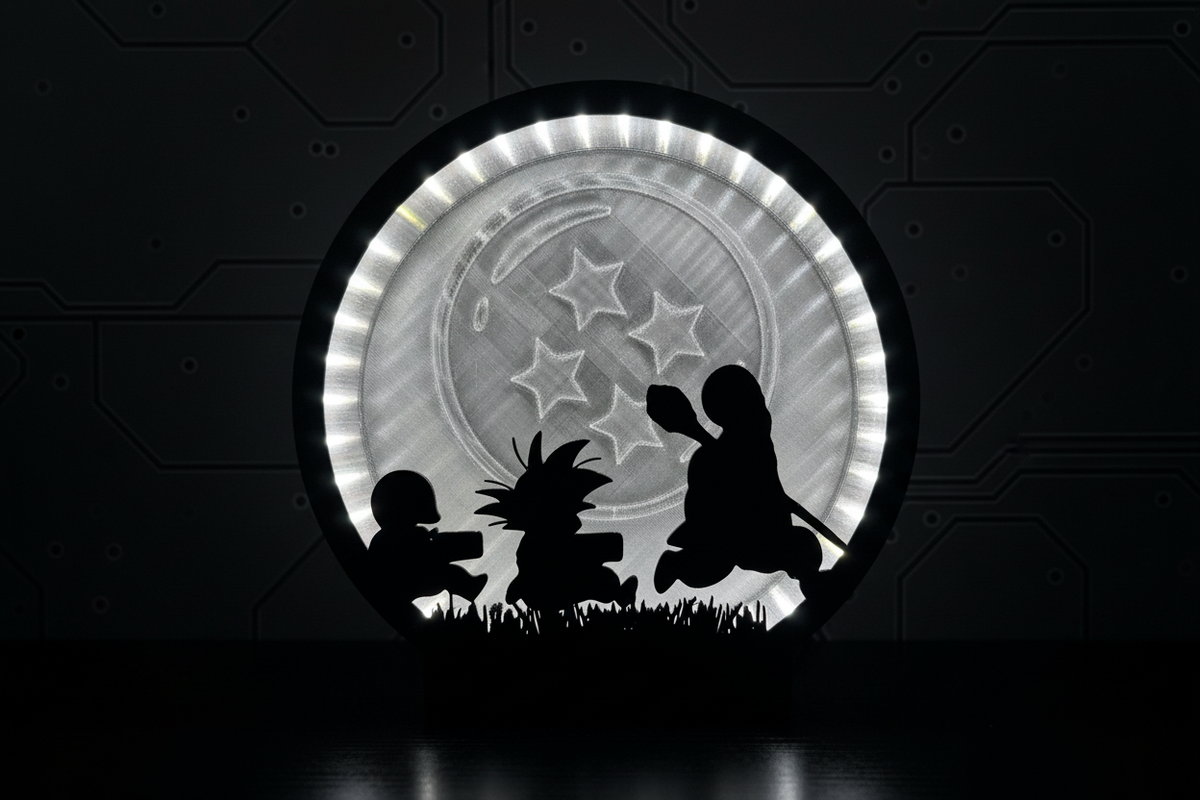 Anime Moon Light Box 3D printed with LED ring glow and silhouette characters on dark background