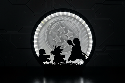Anime Moon Light Box 3D printed with LED ring glow and silhouette characters on dark background